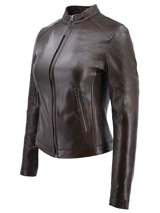 Δερμάτινα 100 Women's Short Lifestyle Leather Jacket for Winter Brown