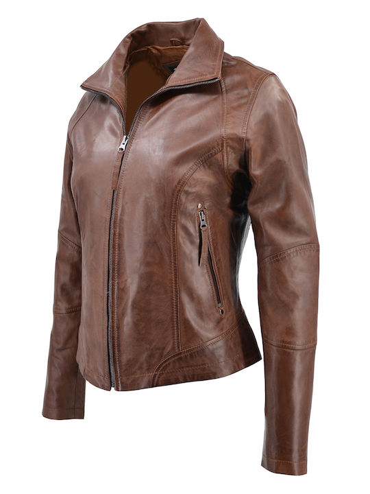 Δερμάτινα 100 Women's Short Lifestyle Leather Jacket for Winter Tabac Brownc Brown