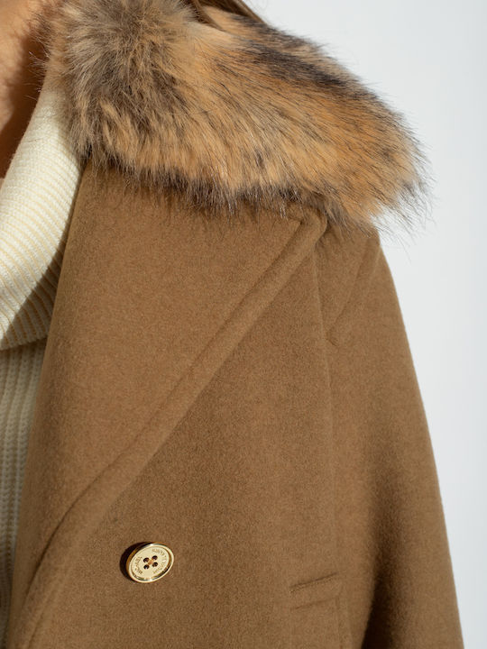 Wool Women's Beige. Coat with Fur Details