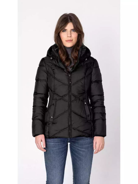 District Women's Short Puffer Jacket Waterproof and Windproof for Winter with Hood Black