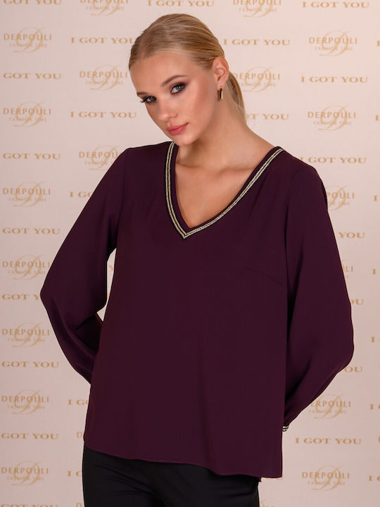 Derpouli Women's Blouse Long Sleeve with V Neckline Burgundy