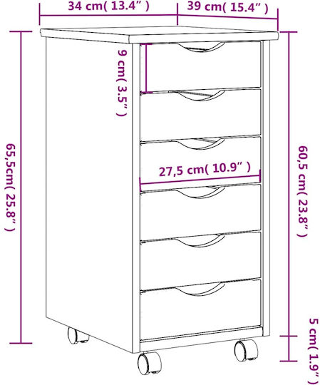 Office Drawer Made of Solid Wood with Wheels Grey 34x39x65.5cm