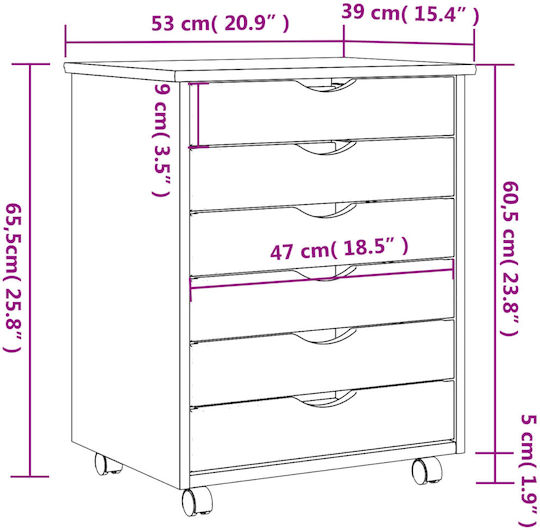 vidaXL Büroaufbewahrungsschublade aus Massivholz mit Rädern in Grau 53x39x65,5cm