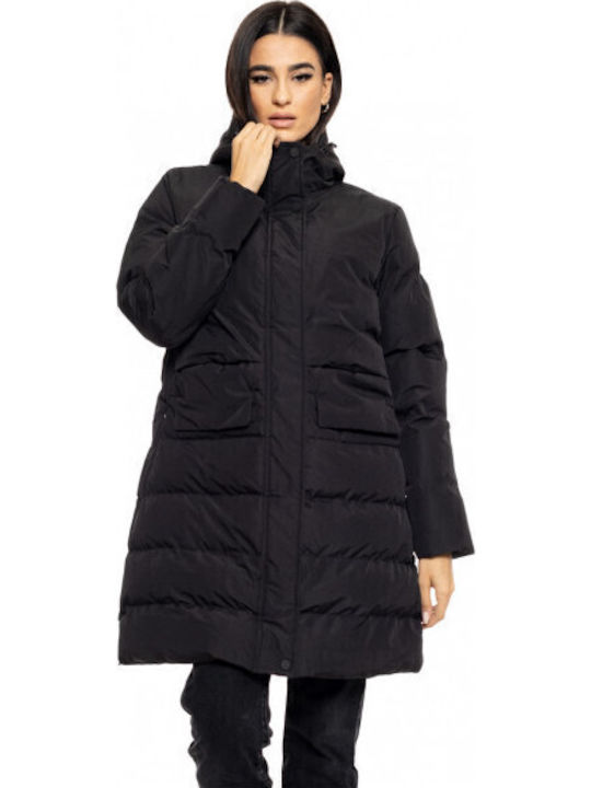 Women's Long Puffer Jacket for Winter with Hood Black