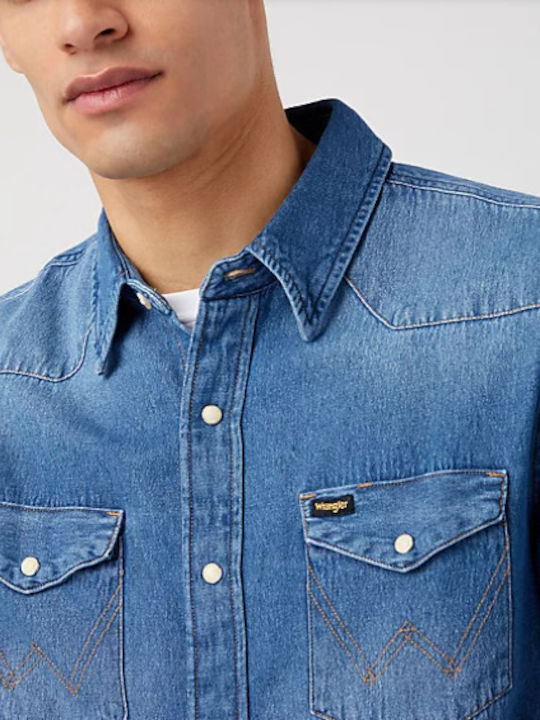 Western Long-sleeved Denim Shirt Blue