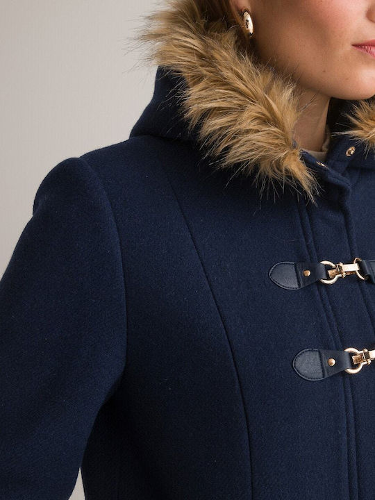 Damen Blau Kurzmantel mit Kapuze & Fellbesatz