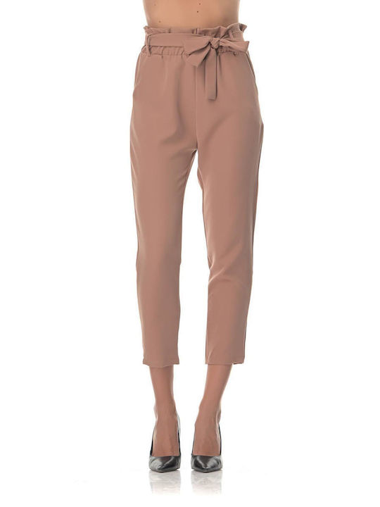 Sushi's Closet Women's High-waisted Fabric Trousers with Elastic in Paperbag Fit Beige