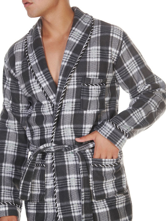 Comfort Men's Winter Fleece Checked Pajama Robe Gray