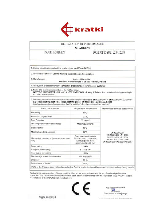 Kratki Arke 95 Ενεργειακό Τζάκι Κασέτα Ξύλου Αεραγωγών Ίσιο με Ανοιγόμενη Πόρτα