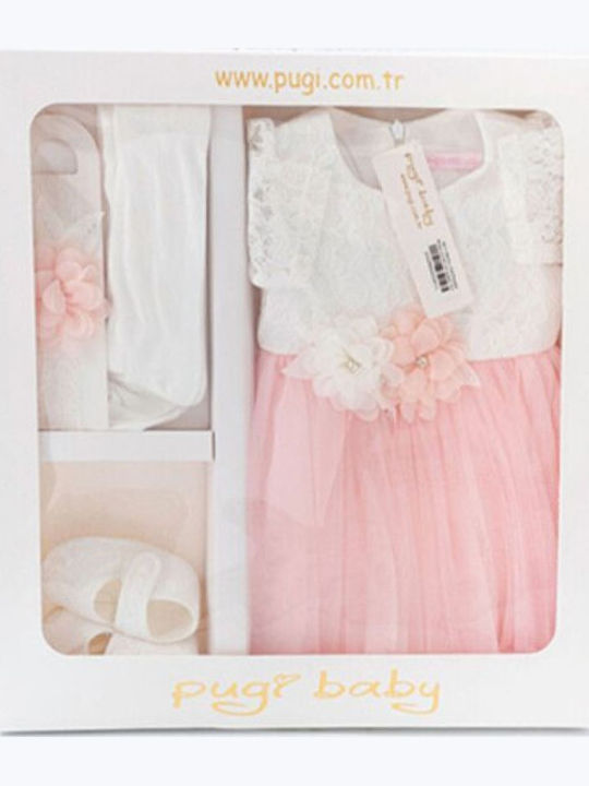Pugi Pink Baptism Clothes Set with Dress & Hair Accessories Made of Lace 2 Pieces