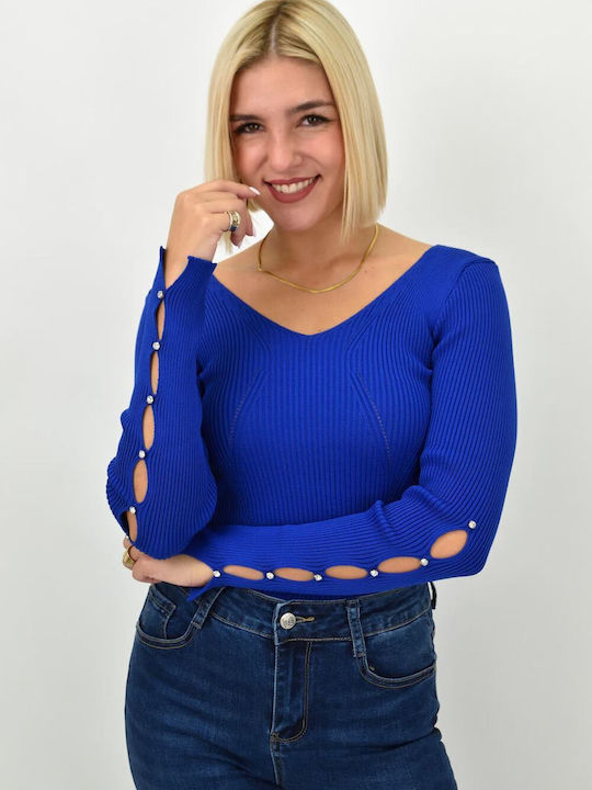 Potre Damen Langarm Pullover mit V-Ausschnitt Blau