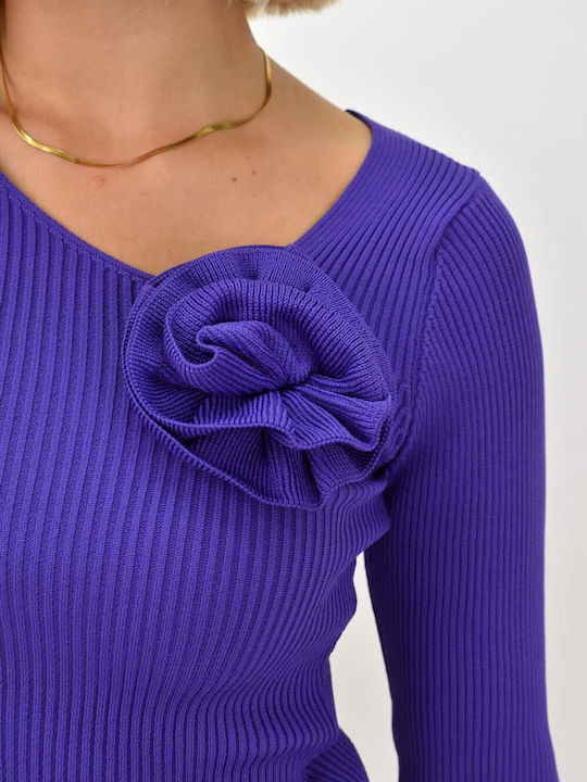 Potre Women's Long Sleeve Crop Sweater with V Neckline Floral Purple