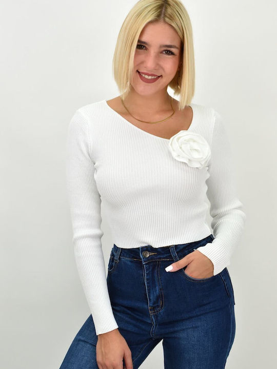 Potre Damen Langarm Crop Pullover mit V-Ausschnitt Blumen Weiß