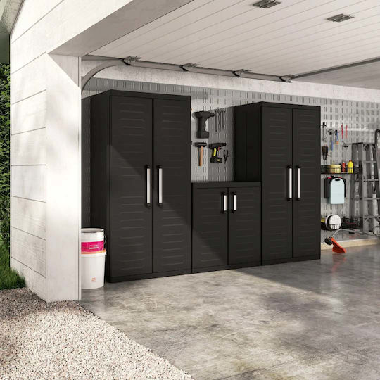 Doppelflügeliger Außenschrank Detroit XL aus Polypropylen mit Trennwand & 4 Regale Schwarz 89x54x182cm
