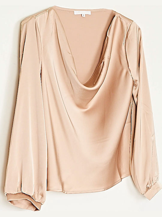 Women's Blouse Satin Long Sleeve Drape Beige