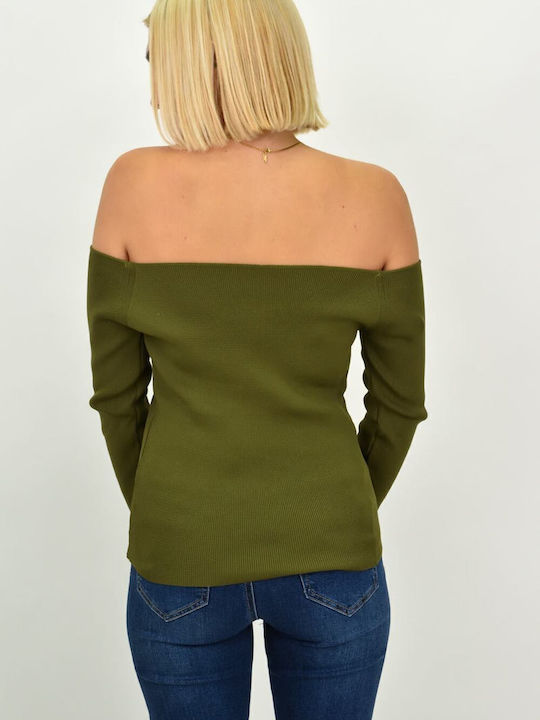 Damen Bluse Schulterfrei Langärmelig Khaki