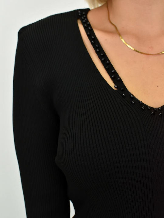 Potre Women's Crop Top Long Sleeve with V Neckline Black