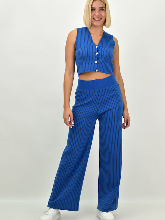 Potre Women's Blue Set with Trousers in Straight Line Striped