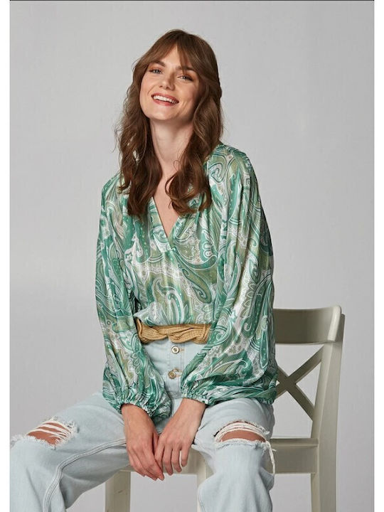 Women's Blouse Long Sleeve with V Neckline Green