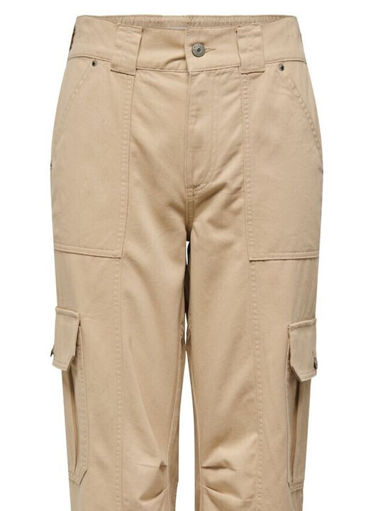 Only Women's High-waisted Cotton Cargo Trousers with Elastic in Loose Fit Beige