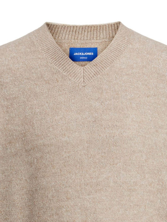 Jack & Jones Men's Long Sleeve Sweater with V-Neck Beige