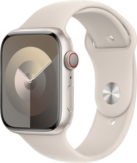 Apple Ceas Seria 9 Cellular Aluminiu 45mm Waterproof cu eSIM și Monitorizare Ritm Cardiac (Starlight cu Curea Sport Starlight S/M)