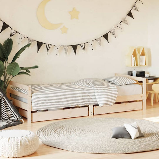 Pat pentru Copii Clasic Single cu Spațiu de Depozitare Bej pentru Saltea 90x190cm