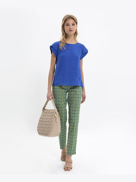 Laura Donini Women's Summer Blouse Linen Short Sleeve Blue
