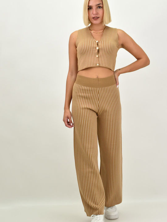 Potre Women's Beige Set with Trousers in Straight Line Striped