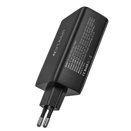 Tech-Protect GaN Kabelloser Handyladegerät mit USB-A Ausgangsanschluss und 3 USB-C Ausgangsanschlüsse 100W Stromlieferung / Schnellaufladung 3.0 Schwarz