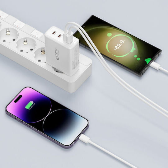 Tech-Protect GaN Kabelloser Handyladegerät mit USB-A Ausgangsanschluss und 3 USB-C Ausgangsanschlüsse 100W Stromlieferung / Schnellaufladung 3.0 Weiß