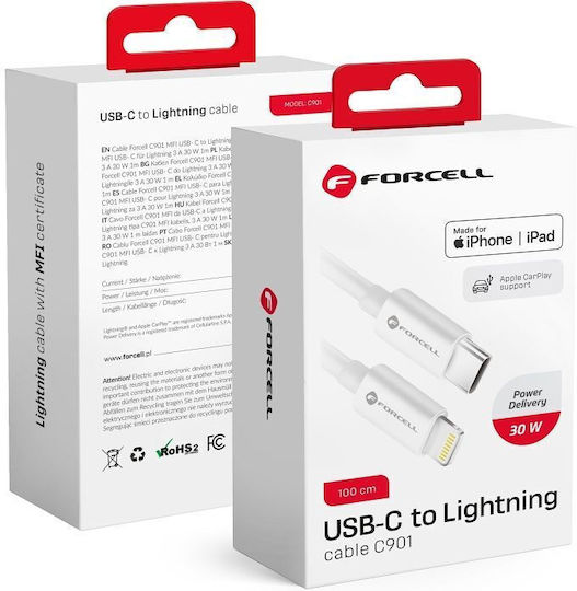 Forcell Редовна USB-C към Lightning кабел 30W Бял 1м (C901 MFI)
