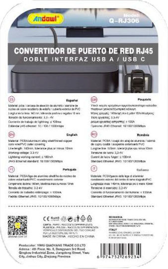 Andowl Q-RJ306 Αντάπτορας Δικτύου USB-C με Ενσύρματη Σύνδεση Gigabit Ethernet