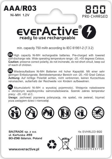 everActive Silver Line Презареждащи батерии AAA Ni-MH 800mAh 1.2V 4бр