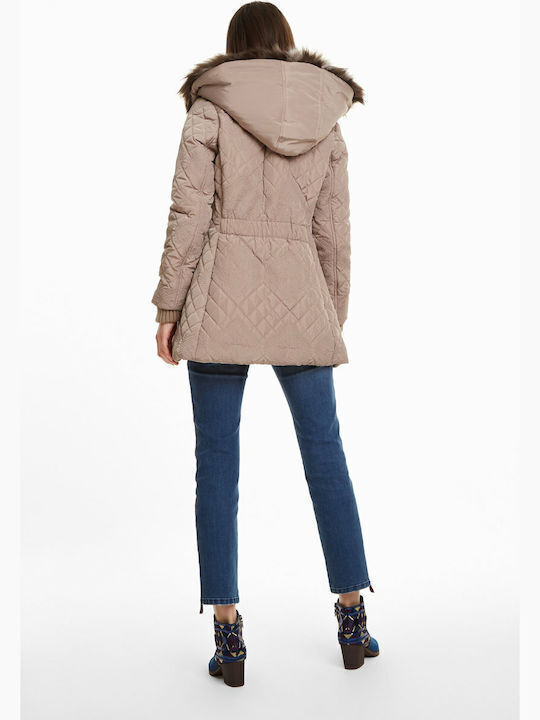 Desigual Lang Damen Puffer Jacke für Winter Beige