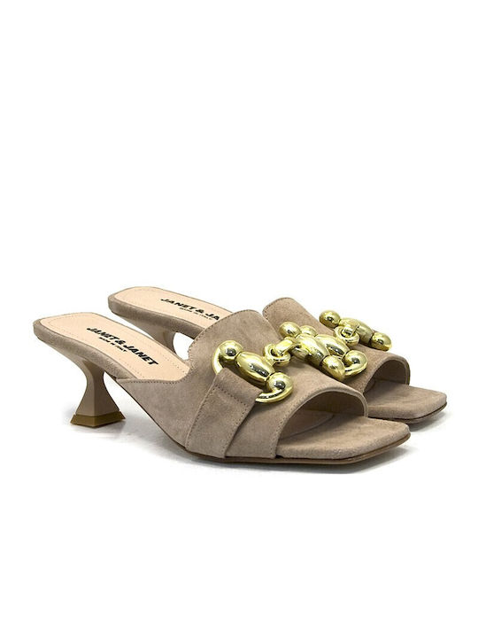 Janet & Janet Mules mit Chunky Hoch Absatz in Beige Farbe