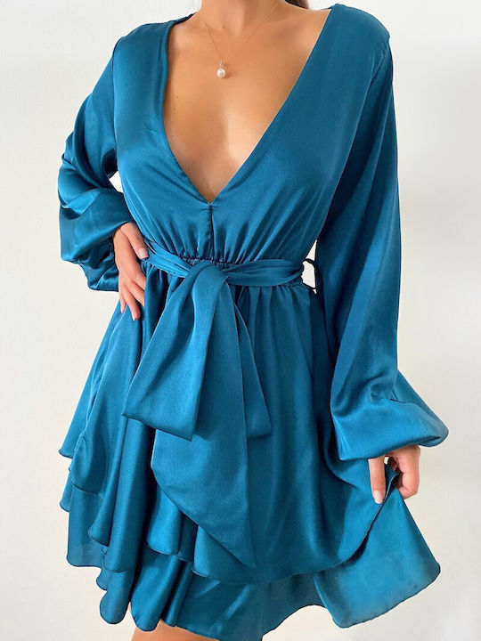 DOT Mini Dress with Ruffle Blue