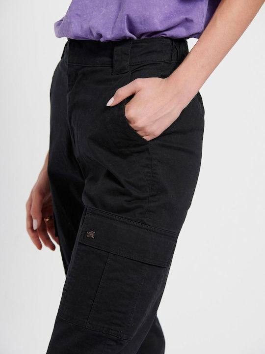 Women's High-waisted Fabric Cargo Trousers Regular Fit Black