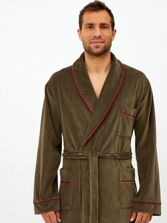 Harmony Χειμερινή Ανδρική Ρόμπα Fleece Χακί