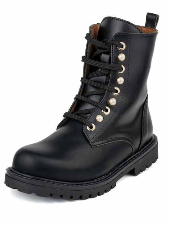 Bonito Kids Leather Military Boots Black