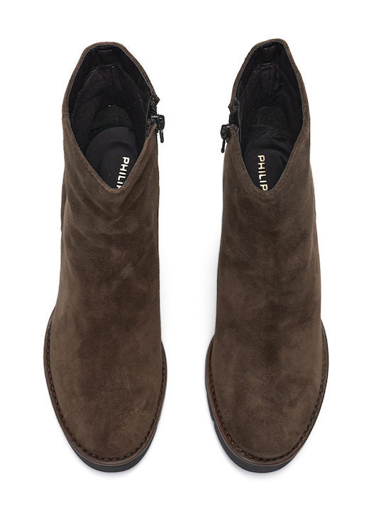 Suede Women's Ankle Boots with High Heel Brown