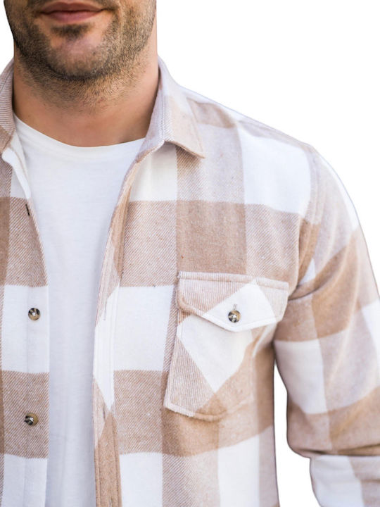 Kedi Men's Shirt Overshirt Long Sleeve Checked Beige