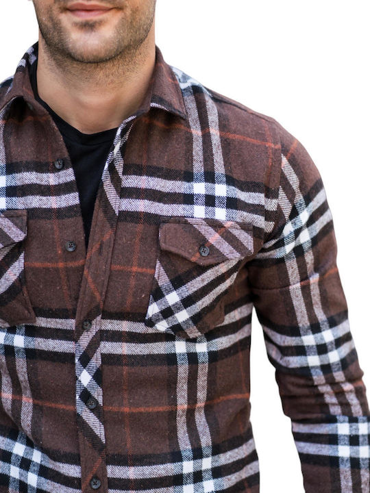 Kedi Men's Shirt Overshirt Long Sleeve Checked Brown