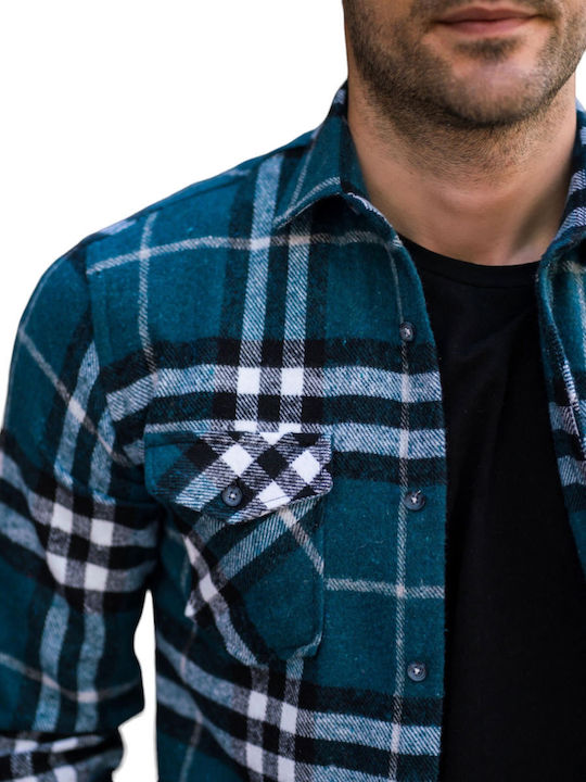 Kedi Men's Shirt Overshirt Long Sleeve Checked Petrol Blue