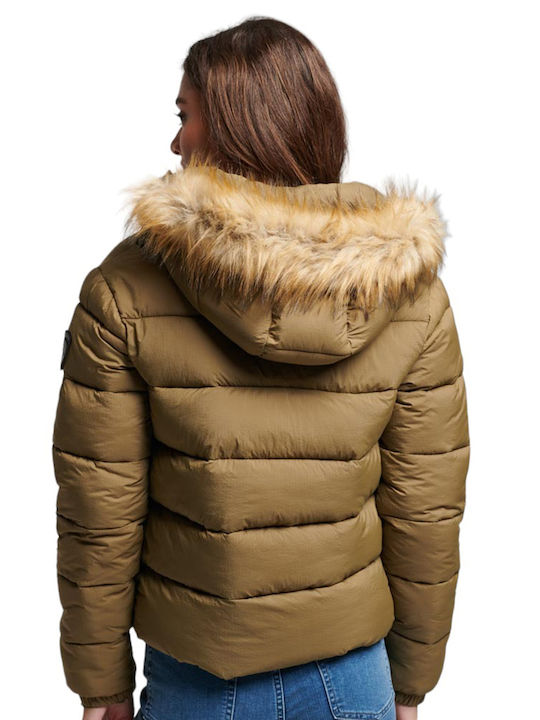 Superdry W D3 Ovin Faux Women's Short Puffer Jacket for Winter Khaki