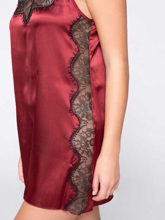 Luna Winter Satin Women's Nightdress Bordeaux With Black Details