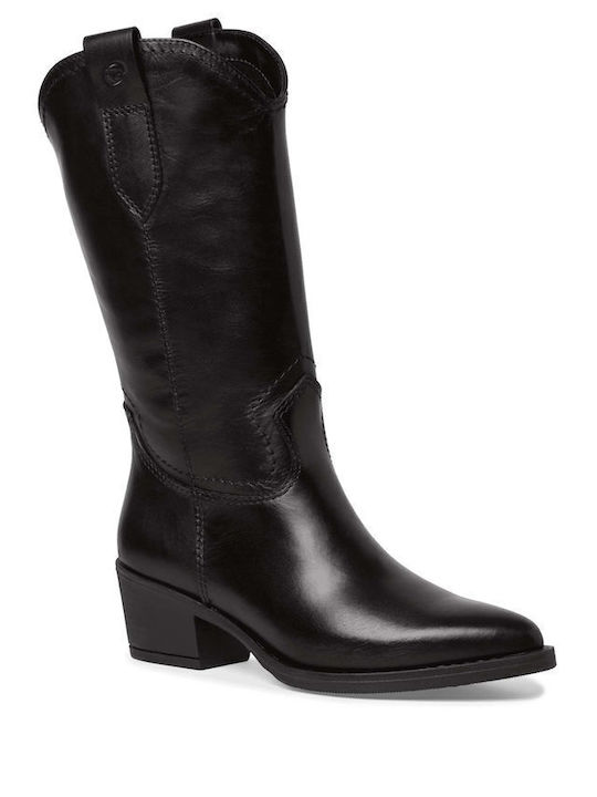 Leather Medium Heel Cowboy Boots with Zipper Black
