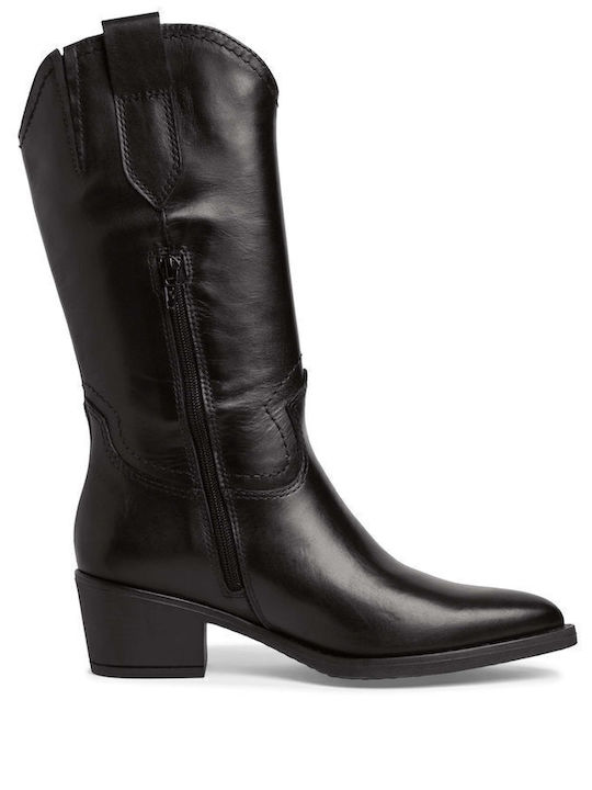 Leather Medium Heel Cowboy Boots with Zipper Black