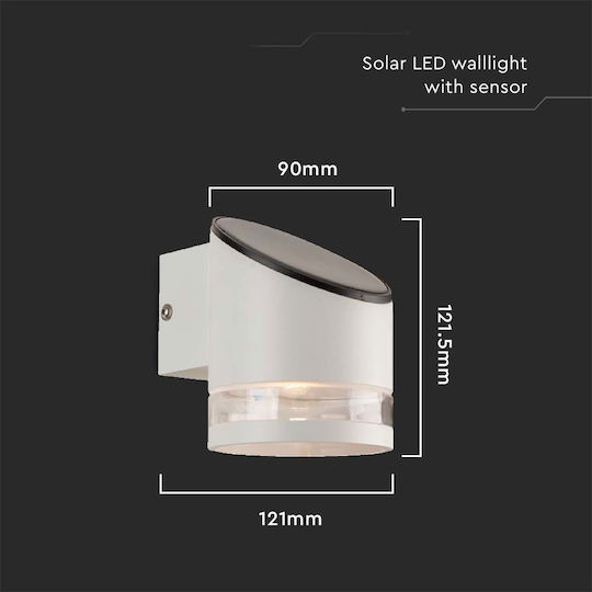 V-TAC Wall Mounted Solar Light 0.55W 70lm Warm White 3000K with Motion Sensor and Photocell IP44