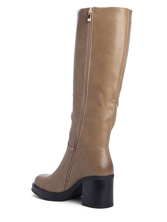 Synthetic Leather Women's Boots with Zipper Beige